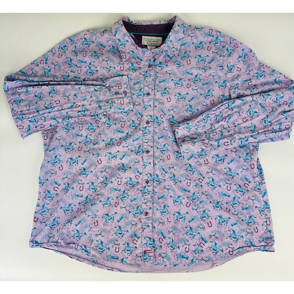 Vintage Wrangler Purple Horse Shoe Print Purple Pearl Snap Button Up 3XL XXL